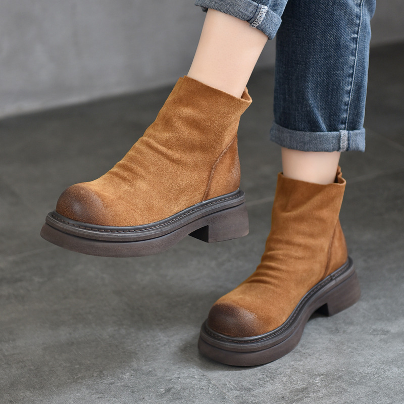 Fashionable and Casual Thick-Soled Yuantong Rhubarb Boots Genuine Leather Short Boots Retro Hand-Rubbed Color Inverted Boots for Women