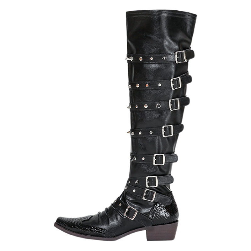 Punk Gothic Style Wide-Barrel Cowboy Boots Scrap Pointed Boots Women's 2023 New European and American Rivet Long Boots