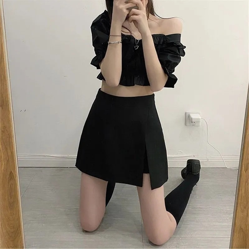 Slimming High Waist A- line Skirt Irregular Skirt Anti-running Short Skirt Summer Pants 22 Black Hip 20 Split