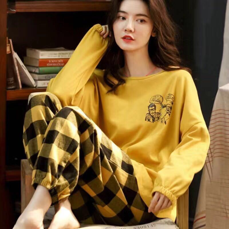 Pajamas Women's Spring and Autumn long-sleeved trousers yellow Hunter Korean style outerwear women's pajamas cartoon homewear suit