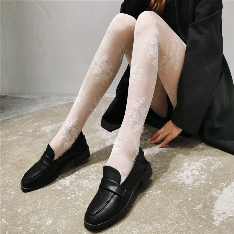 Picture of Retro Rose White Stockings women's summer thin black silk anti-snagging jacquard pantyhose Sweet Sexy