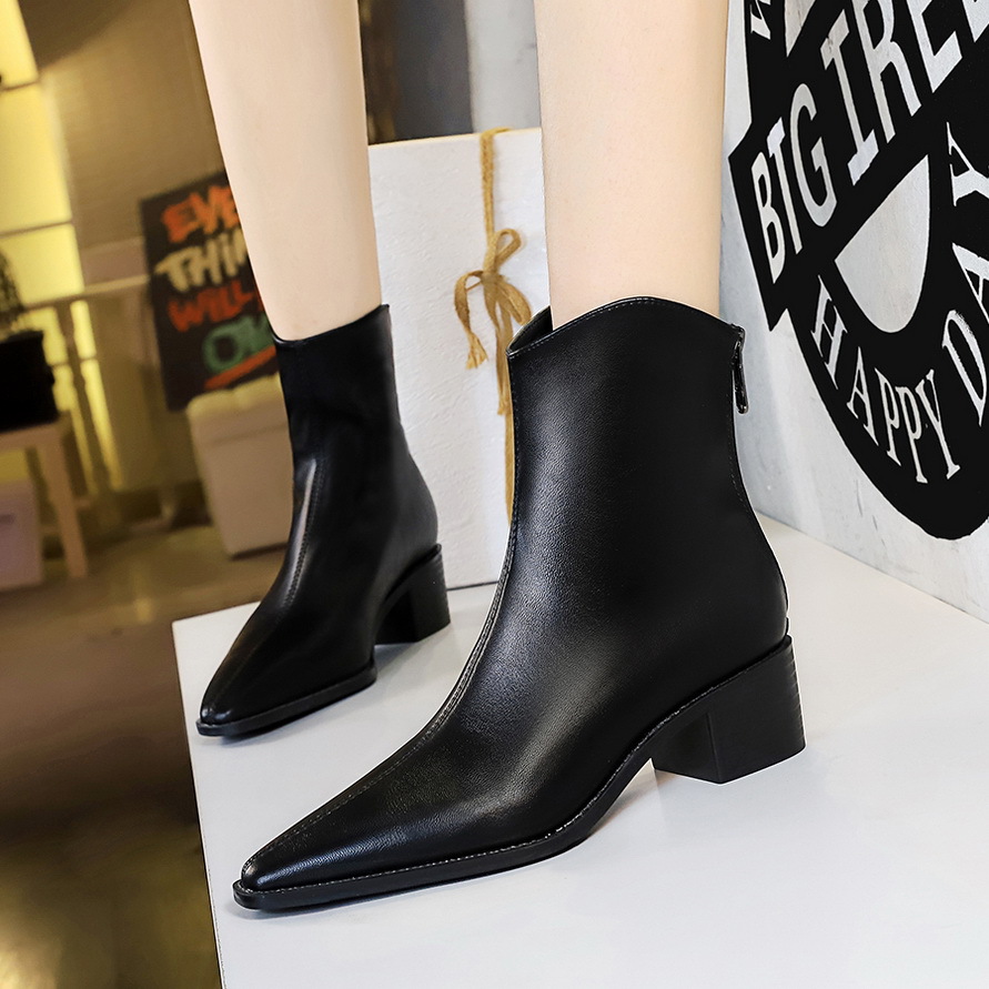 578-2 European and American style retro simple thick heel mid heel Joker women's boots short boots pointed back zipper winter short boots