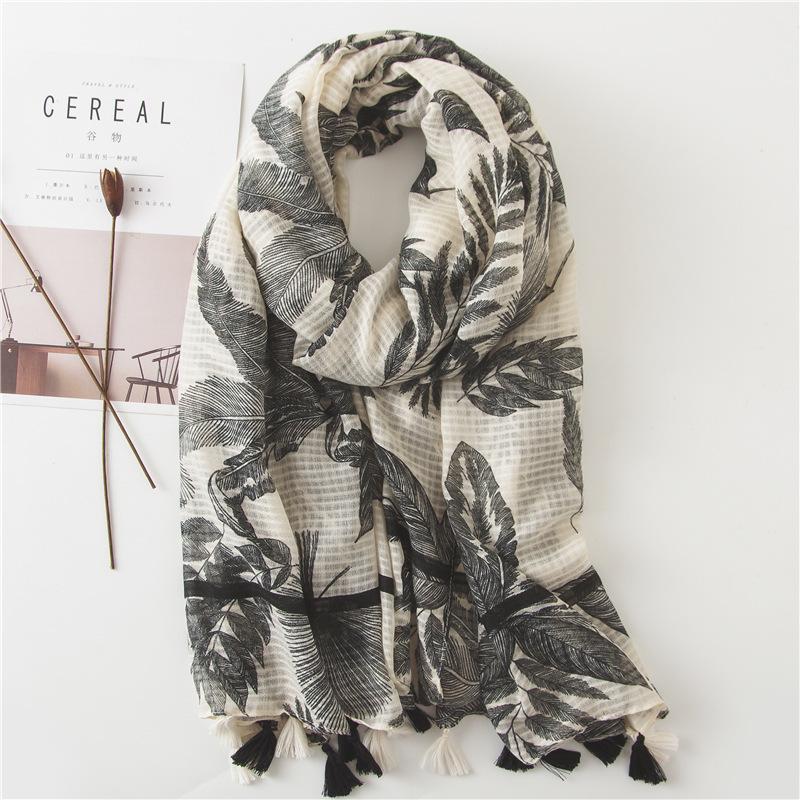 Summer Cotton Linen Korean Style Fashion Fresh Leaves Travel Seaside Holiday Sunscreen Scarf Shawl Silk Scarf Beach Towel Women