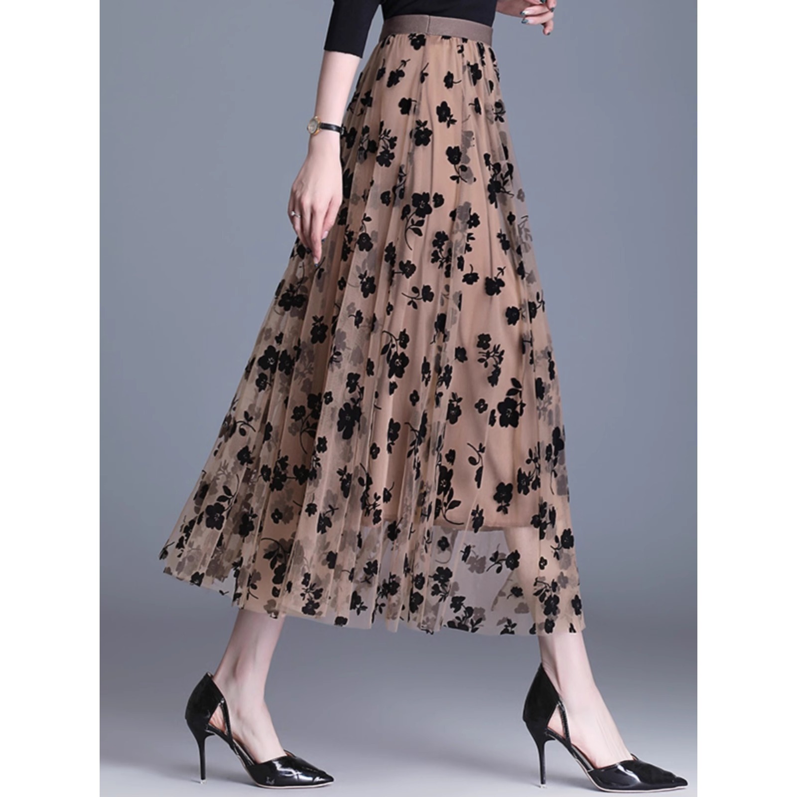 Floral Mesh Skirt Women's Summer Large Hem Skirt Printed Draped Mid-Length Women's Long Skirt A3799
