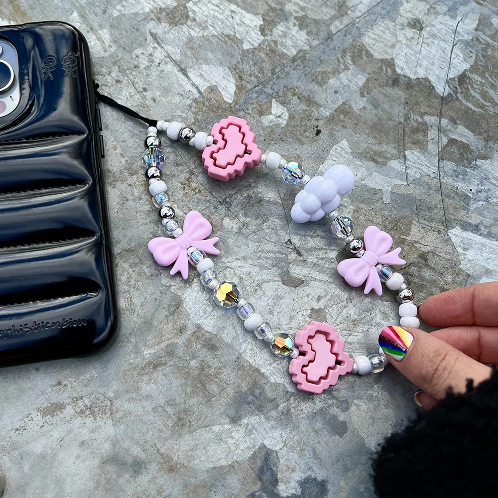 KKBEAD Lego Love Beaded Mobile Phone Chain Hanging Ornaments Girls Bowknot ins Style Japanese and Korean Beaded Mobile Phone Lanyard