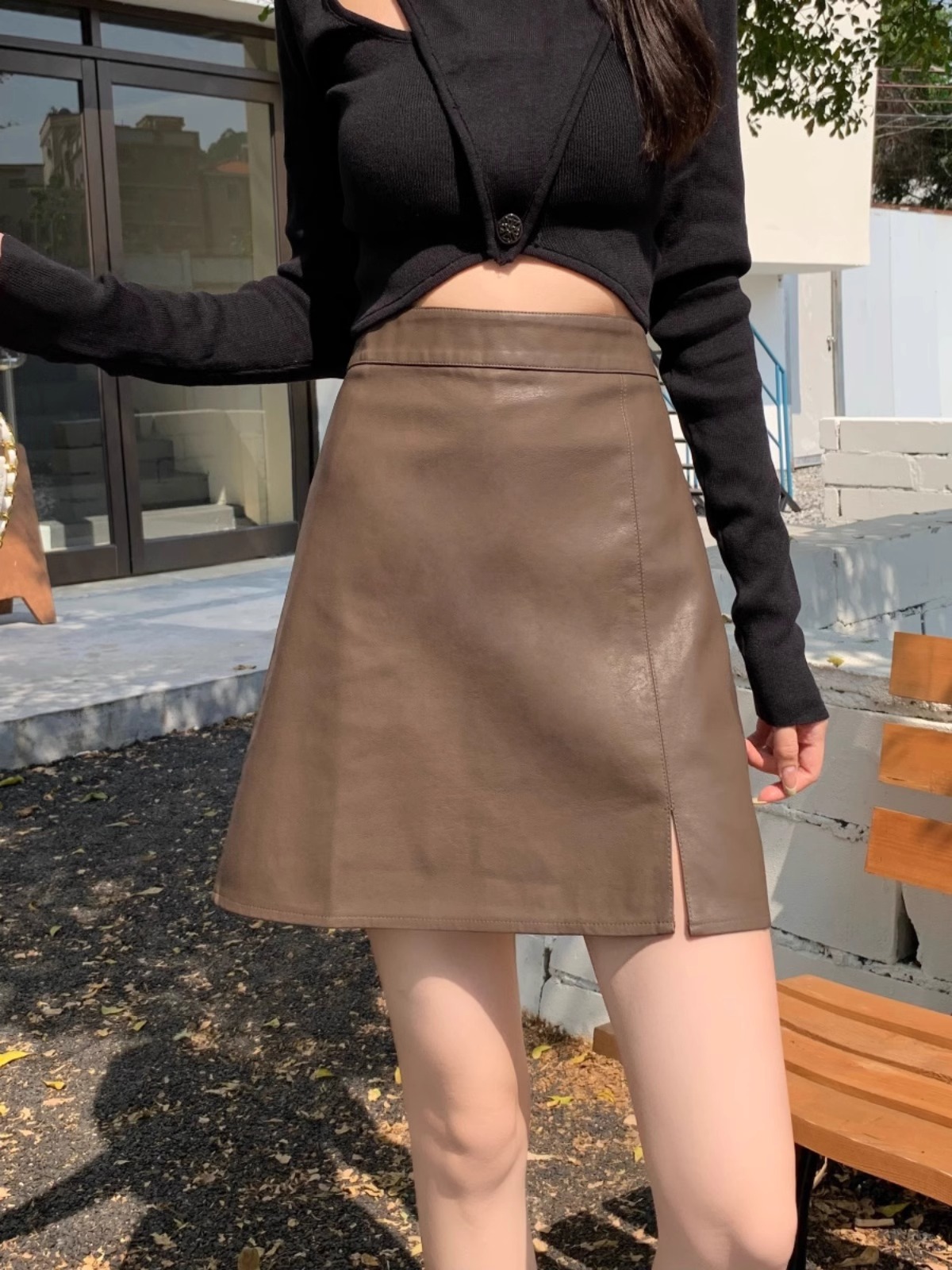 2023 Autumn and Winter New Arrival Skirt Women's Puleather Skirt High Waist Slimming Split A- line Skirt Small Hip Skirt