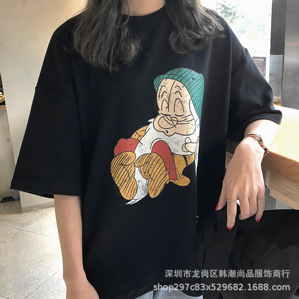 Pullover Printed Short-sleeved T-shirt Women's New Arrival Korean-style All-match Loose Slimming Casual Top with Split Hem Trendy