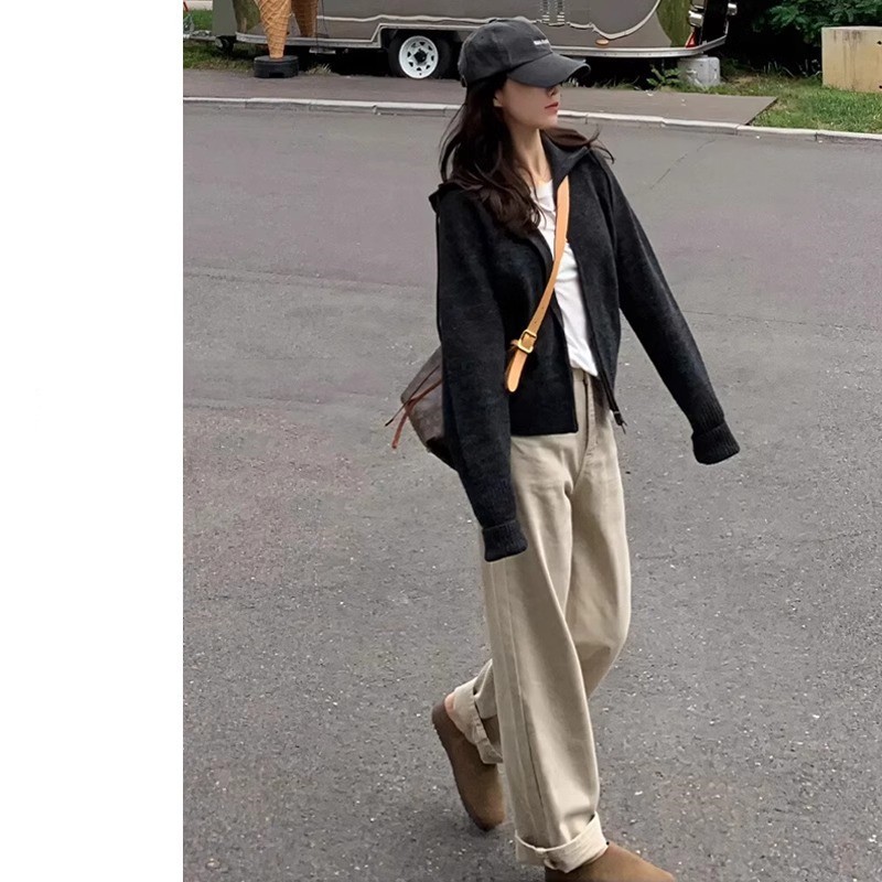 khaki Straight-Leg Jeans Women's Trendy All-Match Spring Loose High-Waist Slimming Narrow-Length Pants with Wide Legs