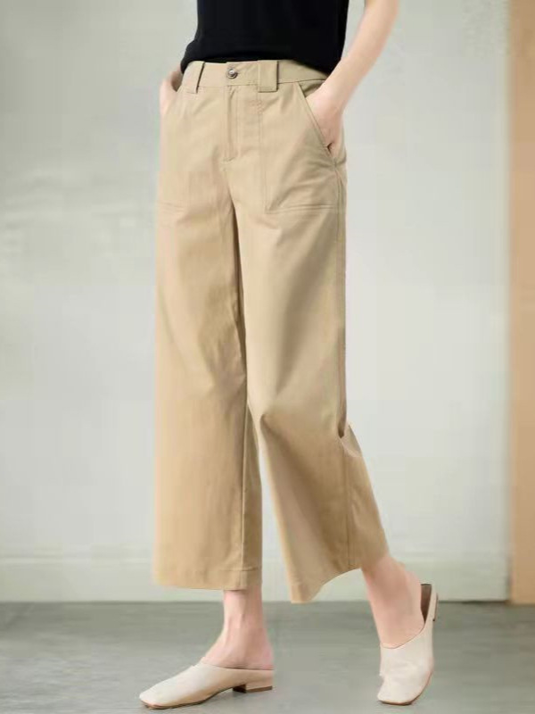 Washed Cotton Casual Tooling Pants Women's Summer Thin Loose Slimming High Waist Dosing Eight-point Straight Leg Pants