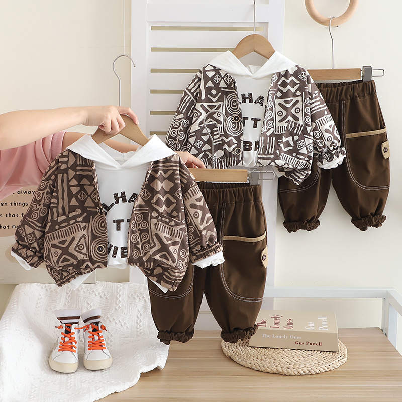 Boys' Spring Dress suit 2025 New Style Children's Spring and Autumn Full Print Triangle Long Sleeve Three-Piece Set