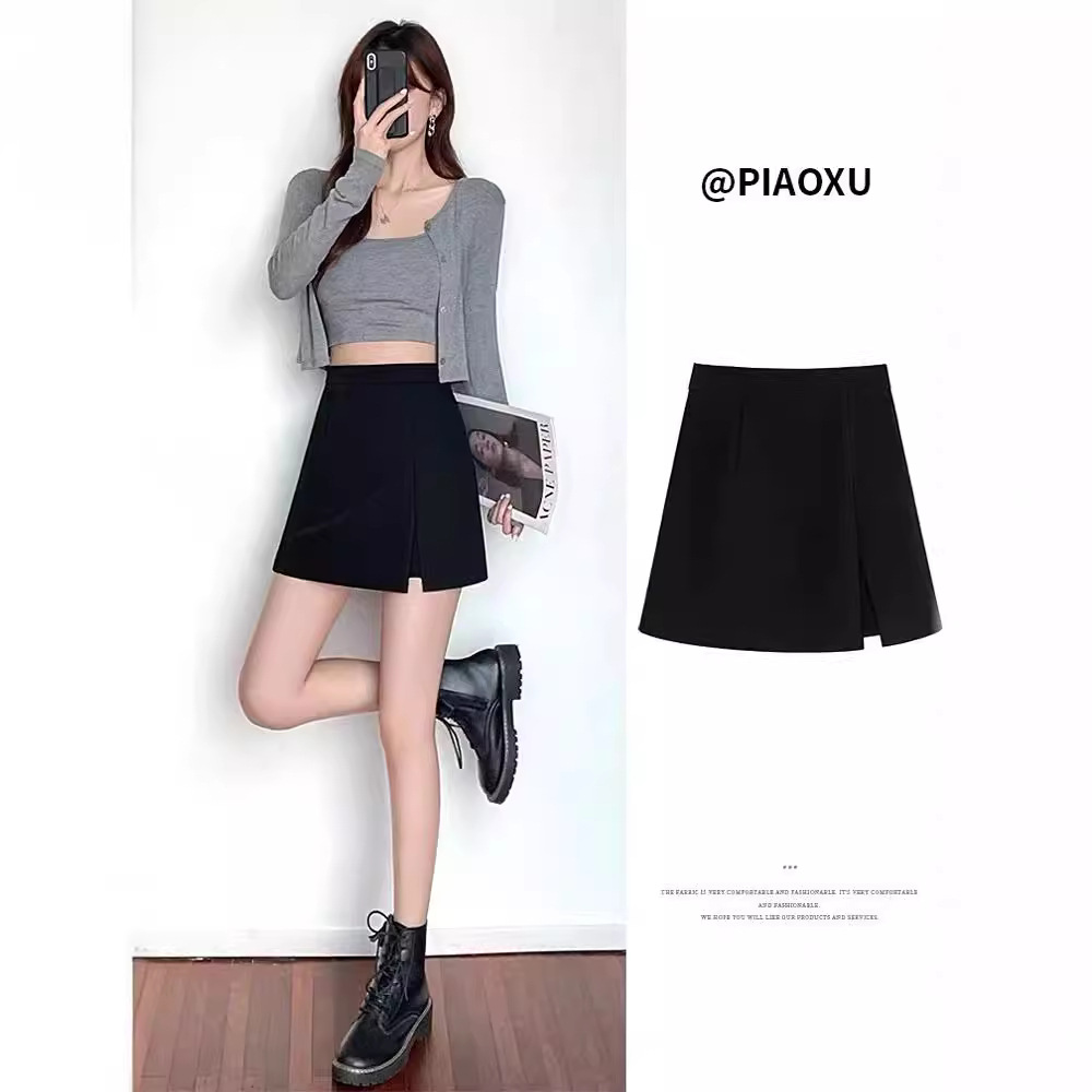 Black skirt women's spring, autumn and winter 2023 new high waist slimming sheath split culottes suit A- line skirt