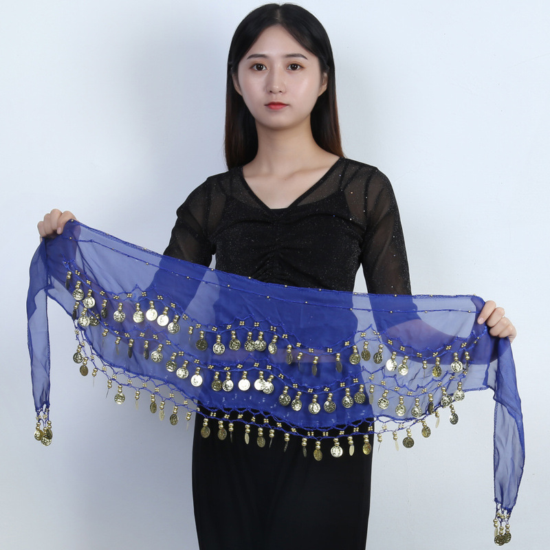 Spot supply 98 currency belly dance waist chain chiffon three-layer gold coin belt Indian dance practice performance hip scarf
