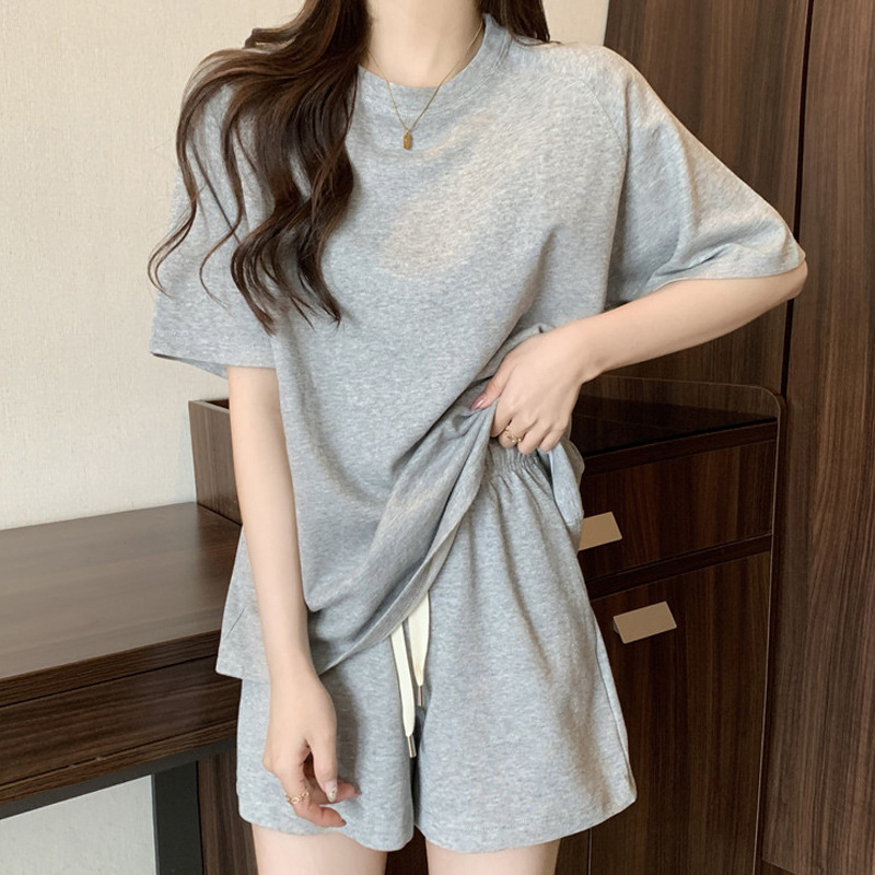 Sports-style suit Women's Summer Thin Loose Slimming plus size All-match Solid Color Short-sleeved Shorts Two-piece Set for Hair