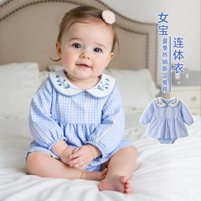 Autumn Jumpsuit Category a 2025 New Infant Girl Baby Skirt Doll Collar Embroidered Plaid Crawling Suit