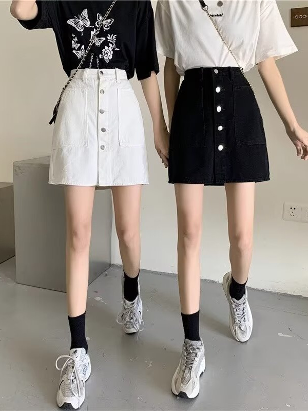 Plus size women's summer high waist slimming black Denim short skirt chubby girl loose meat covering small A- line skirt