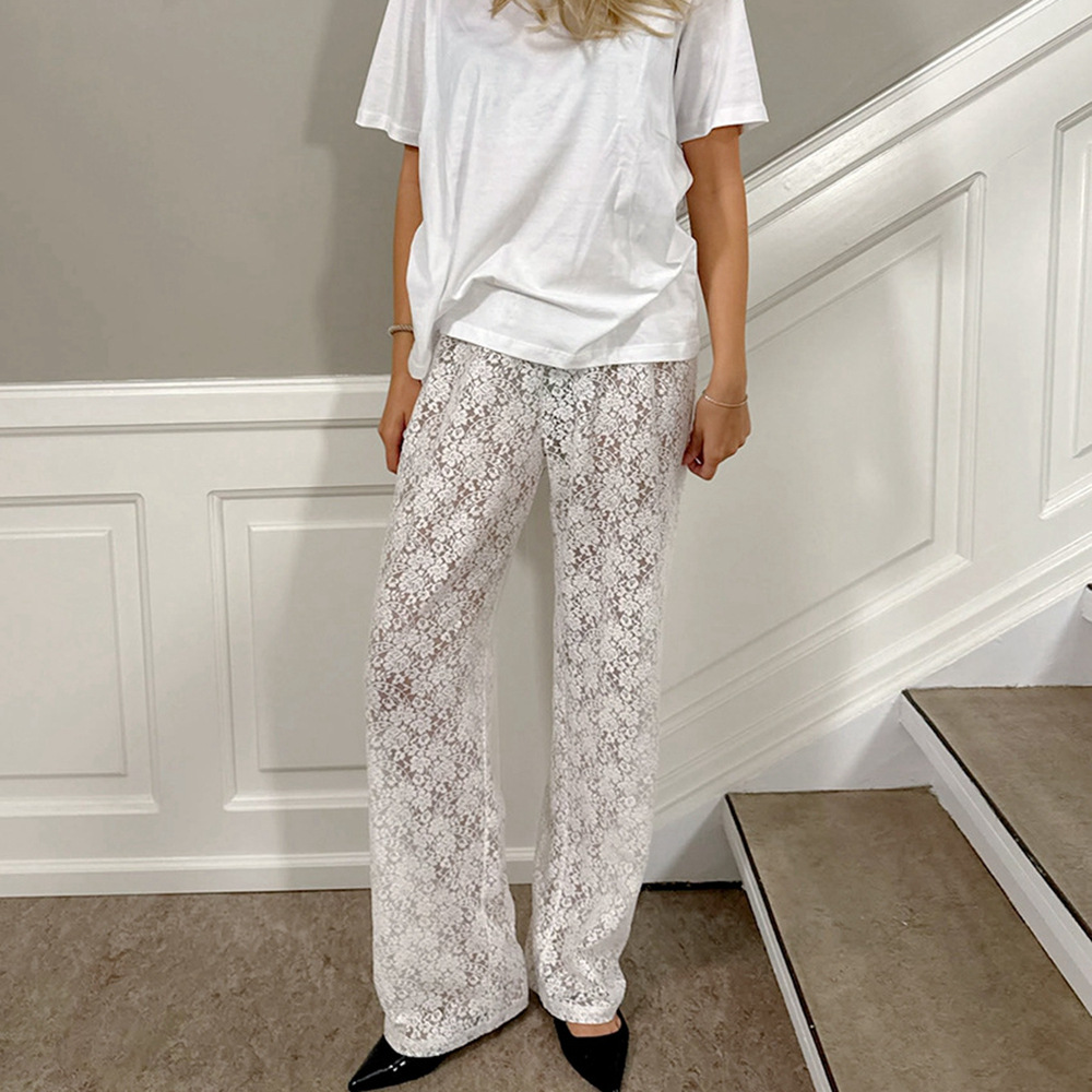 Cross-border Women's Spring and Summer New Solid Color Lace Perspective Casual Trousers Women's Trousers Sexy Fashion Commuter Women