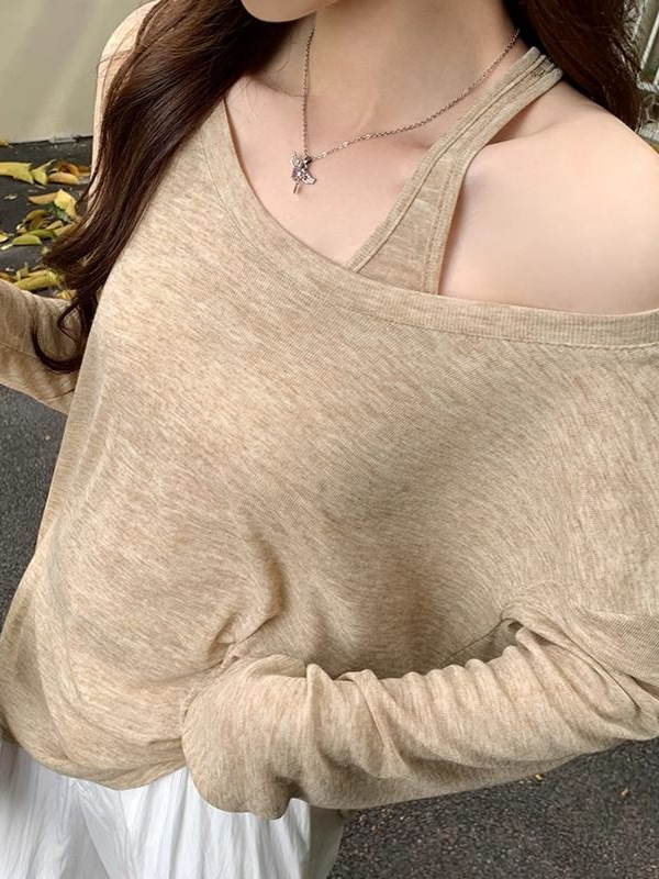 Lazy and Relaxed Thin Sleeveless Vest Long-Sleeved T-Shirt Two-Piece Set for Women Spring & Fall New Design Blouse