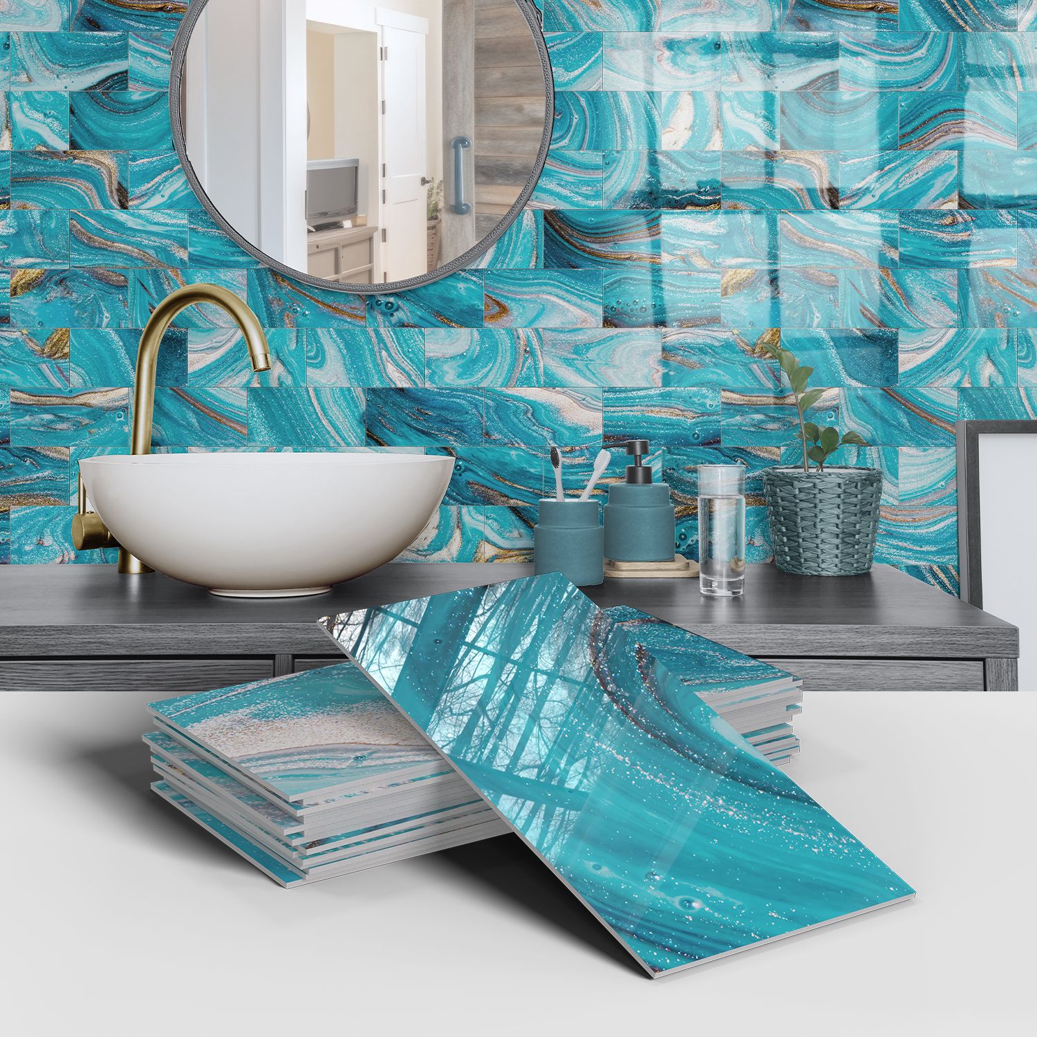 Picture of Crystal Marble Tile Wall Stickers Thickened PET Waterproof Self-adhesive Wallpaper for Kitchen Living Room Wall Decoration Cross Border
