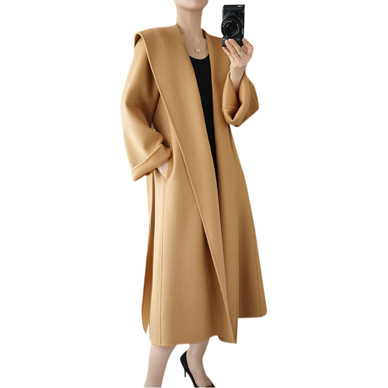 Winter New Double-sided Wool Coat Bathrobe Lace-up Over-the-knee Casual Light Luxury High-end Elegant Wool Coat