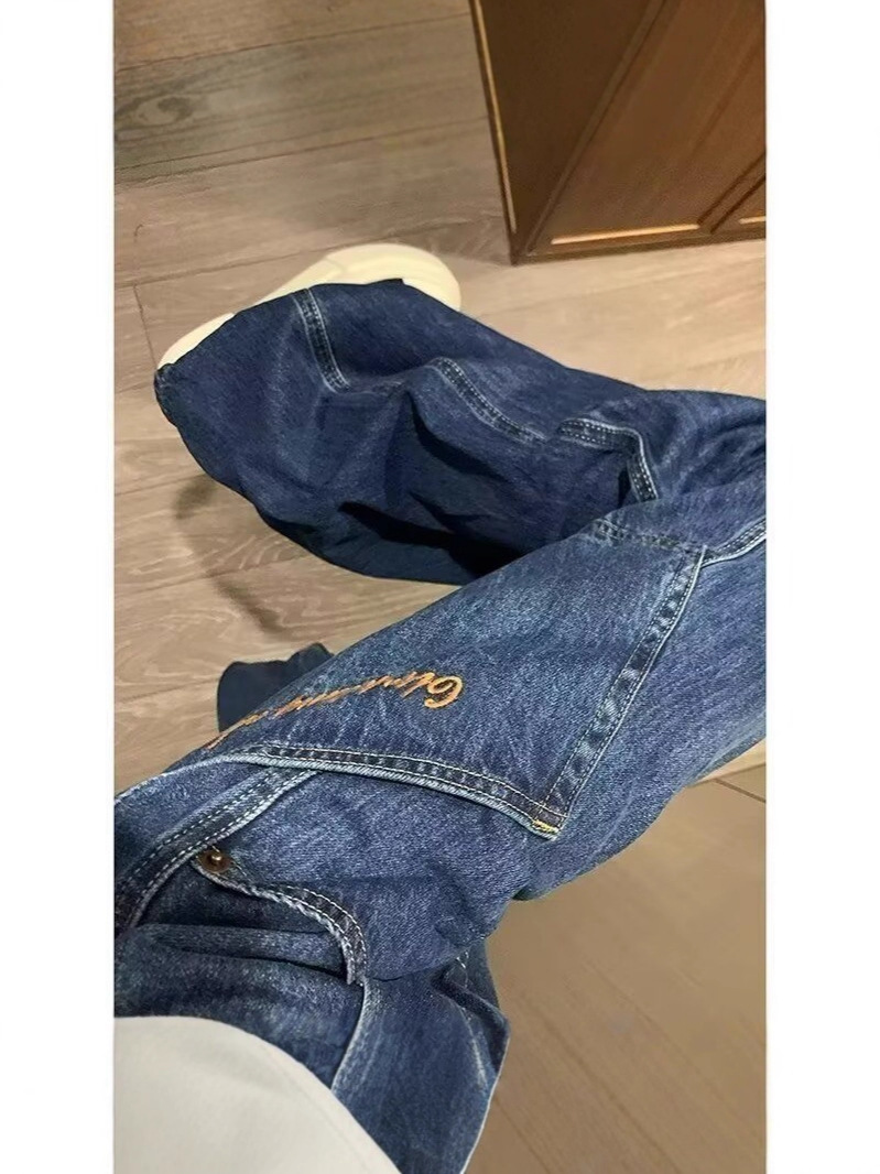American retro splicing distressed blue jeans women's autumn loose design sense high street versatile wide-leg trousers trend