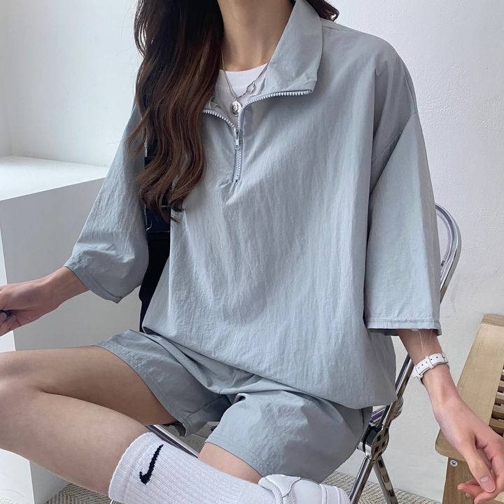 Picture of Short-sleeved shorts women's two-piece set plus size high collar zipper spring and summer fashion casual sportswear suit loose
