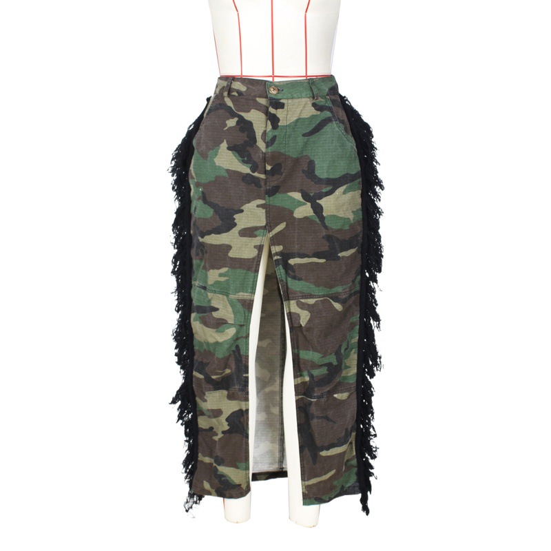 Cross-border e-commerce source factory Europe and the United States women's fashion personality camouflage wash water tassel high slit skirt