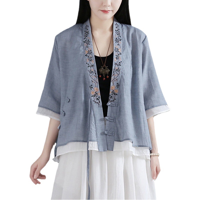 Picture of Cotton and Linen Half Sleeve Shirt Women's 2024 Summer New V-Neck Embroidered Artistic Complex Elegant Middle Sleeve Cardigan Shirt