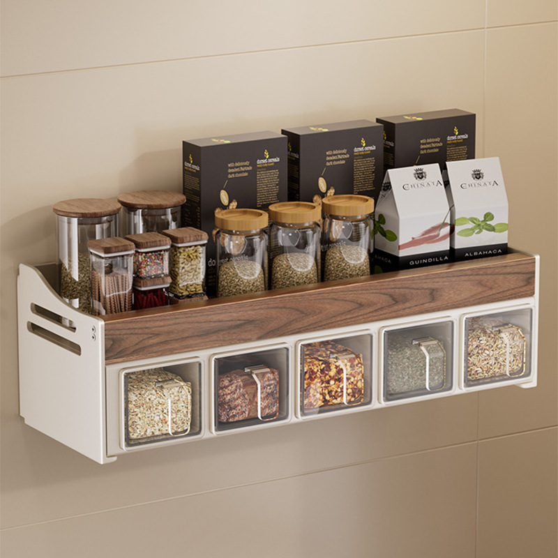 Wood Style Kitchen Storage Rack Wall Hanging Seasoning Bottle Seasoning Bottle Storage Rack Multi-Functional Non-Punch Removal and Washing