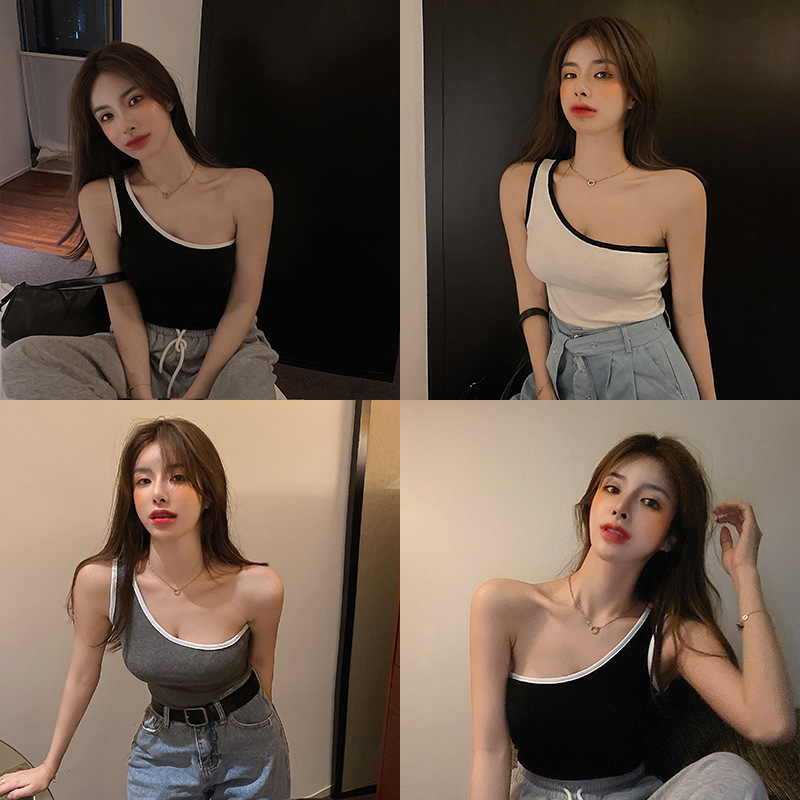 Cross-border Shrimp Vest Women's Outer Wear Trendy New Style Elegant Internet Red Heart Machine Design Sense Slant Shoulder Black Sleeveless Top Women