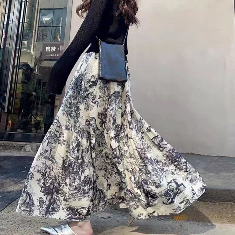 Elegant Classic Slim Print Stitching High Waist Delicate Skirt Dape Texture Retro Waist A- line Skirt Long Skirt