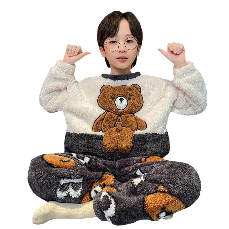 Picture of Autumn and Winter Plush Children's Pajamas Boy's Cute Cartoon Thickened Warm Coral Fleece Children's Home Clothes
