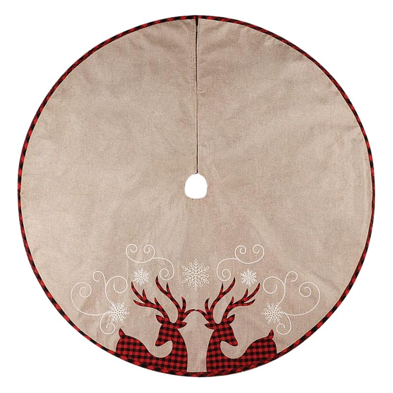 2024 Amazon Foreign Trade Linen Christmas Tree Skirt Plaid Double Deer Christmas Tree Bottom Decoration Christmas Tree Skirt