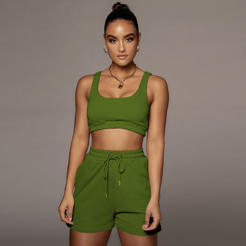Picture of 2024 European and American Amazon cross-border summer women's solid color double-layer vest shorts sports navel suit