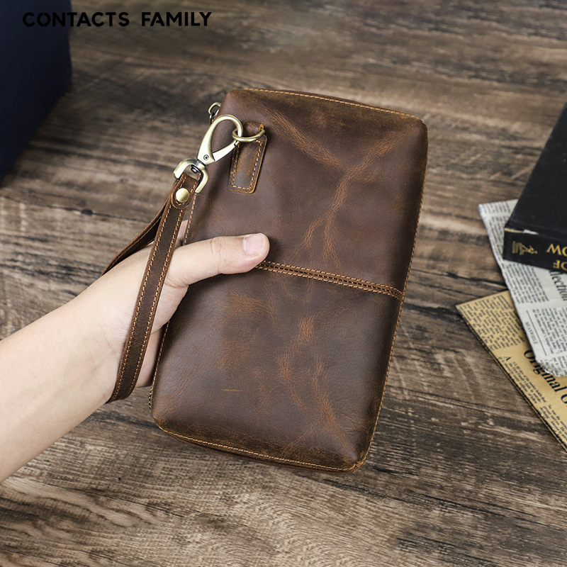 Vintage Brown Crazy Horse Leather Large Screen Mobile Phone Bag Portable Zipper Large Capacity Mobile Phone Accessories Portable Storage Bag