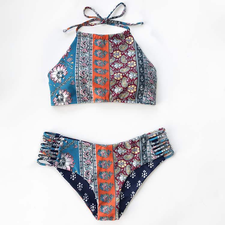 Aliexpress Women's Split Swimsuit Halter Double-Sided Printed Bikini European and American Export' Swimsuit Split Style