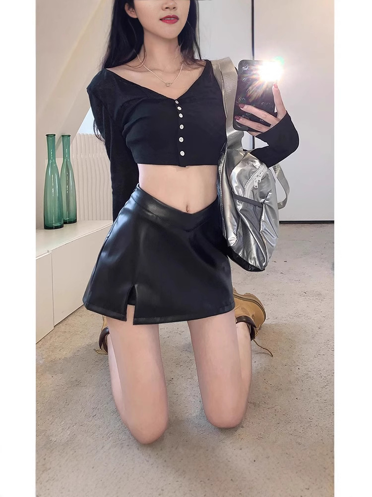 pu leather skirt women's retro high waist anti-light plus size chubby girl autumn and winter black A- line split hip short skirt