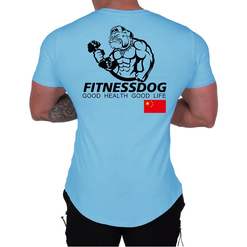 Muscle Men's Fitness Dog Short-sleeved Running Sports Casual T-shirt Rolled Iron Training Cotton Round Neck Printed Basketball Half-sleeved
