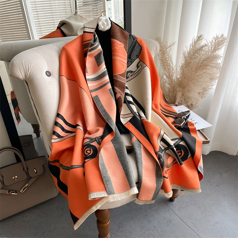 Picture of 2024 New Fashionable Big-Name Versatile Orange High-End Wool Cashmere Shawl Scarf for Women Winter Dual Use
