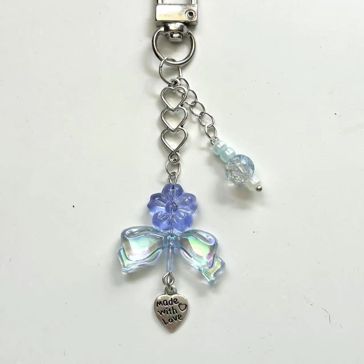 Picture of Original ice blue flower bag buckle pendant hand-made beaded girl heart ice blue key chain pendant
