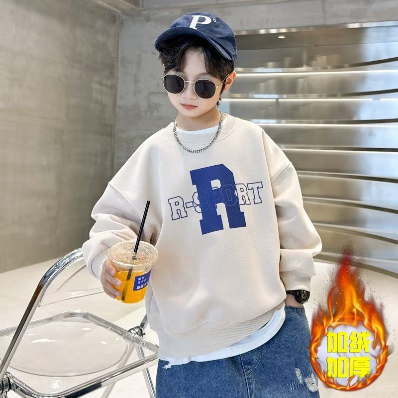 Children's Wear Boys Autumn and Winter Wear 2024 New Boys Fried Street fleece-lined Handsome Large Children's Crewneck Jacket Cross-border