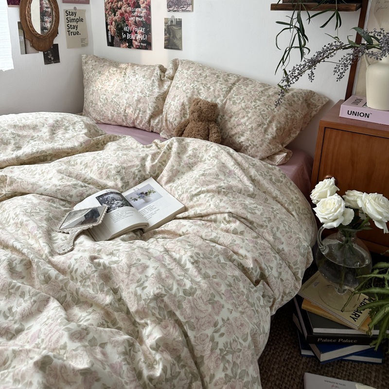 Picture of Small fresh pastoral style cotton bed four-piece set cotton bed sheet quilt cover quilt cover bed hat dormitory three-piece set