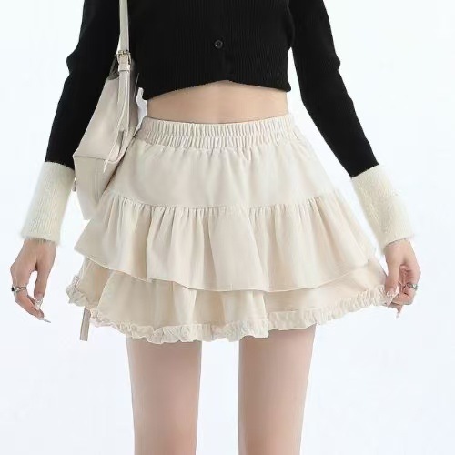 Ruffled Cake Skirt Women's Autumn Short Skirt French High Waist Slimming A- line Skirt Sweet Style Simple Outer Wear