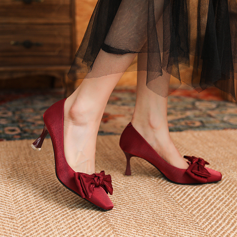 Picture of 166-28 Chinese Xiu Wo Bridal Shoes Sheepskin Satin Wedding Shoes Women's Square High Heels Bow Red Shoes