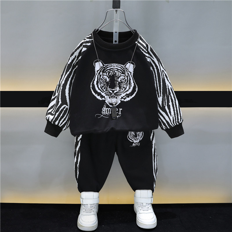 Picture of Boys' winter clothes fleece-lined thickened suit 2023 new children's fashionable stitching round neck sweater sweatpants two-piece set