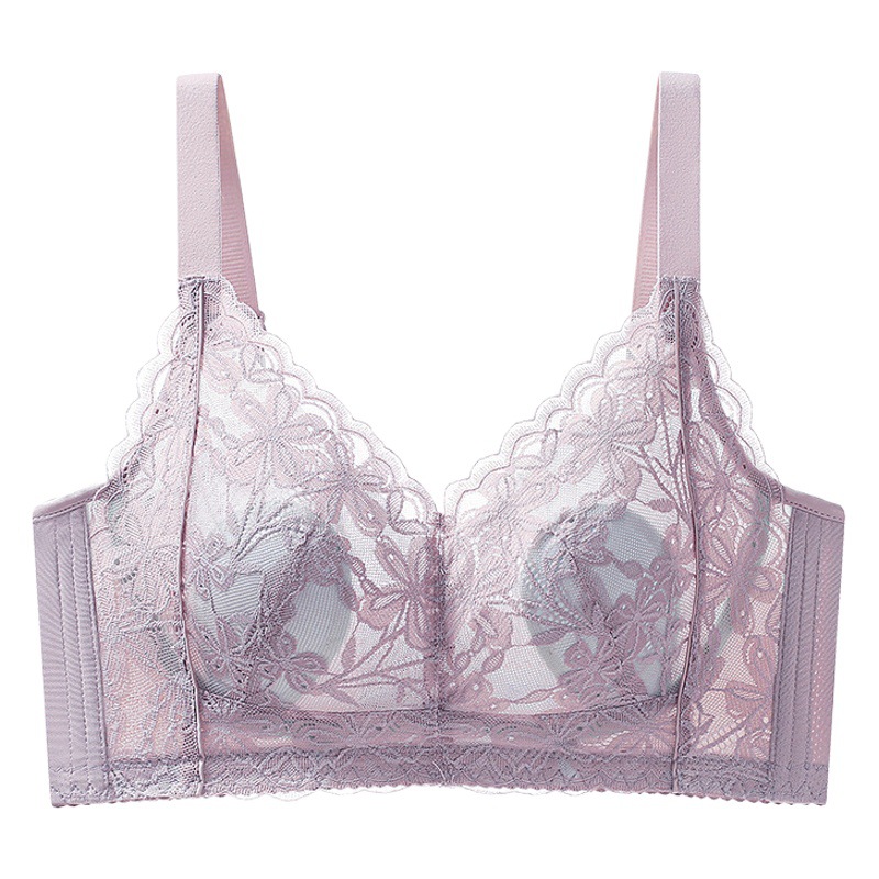 Lace Rabbit Ears Big Chest Small Thin Cup Breathable Underwear Women's Non-Steel Ring Gathering Adjustable Breast Closure Bra