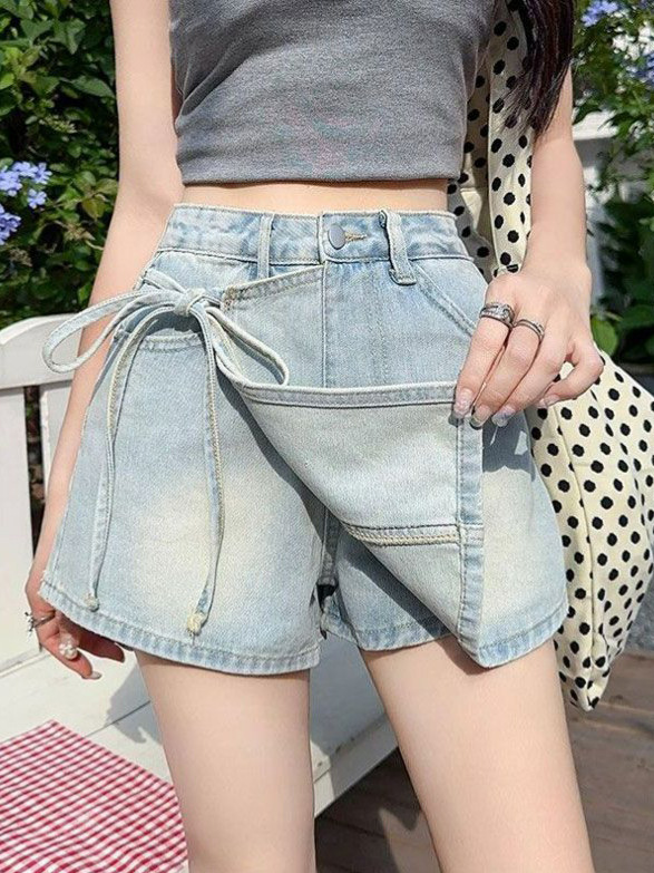 Light-Colored Plus-Size Denim Short Skirt Pants for Women, Summer Irregular High-Waisted Slimming A-Line Skirt for Pear-Shaped Figures