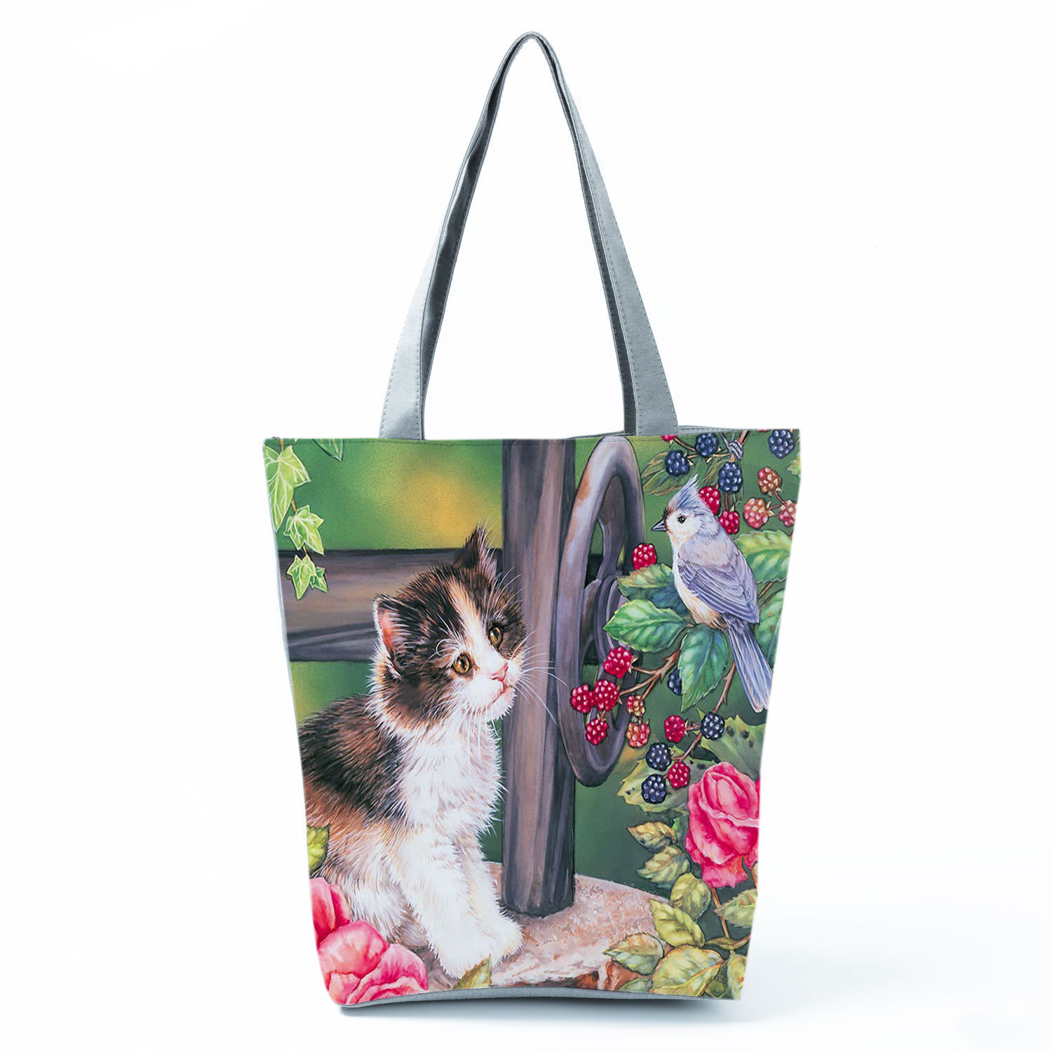Picture of New cute flower cat printed shoulder bag portable travel storage bag large capacity outdoor tote bag