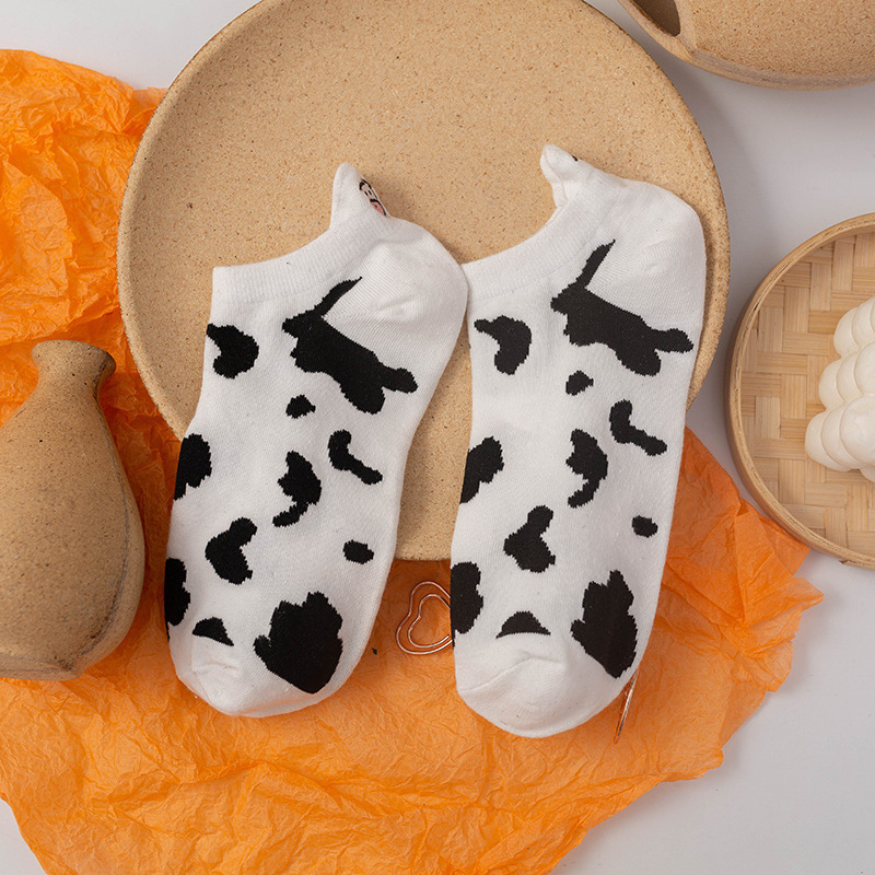 Picture of Black and White Cow Country Sweet Cute Japanese Short Socks Embroidered Striped Cartoon Boat Socks