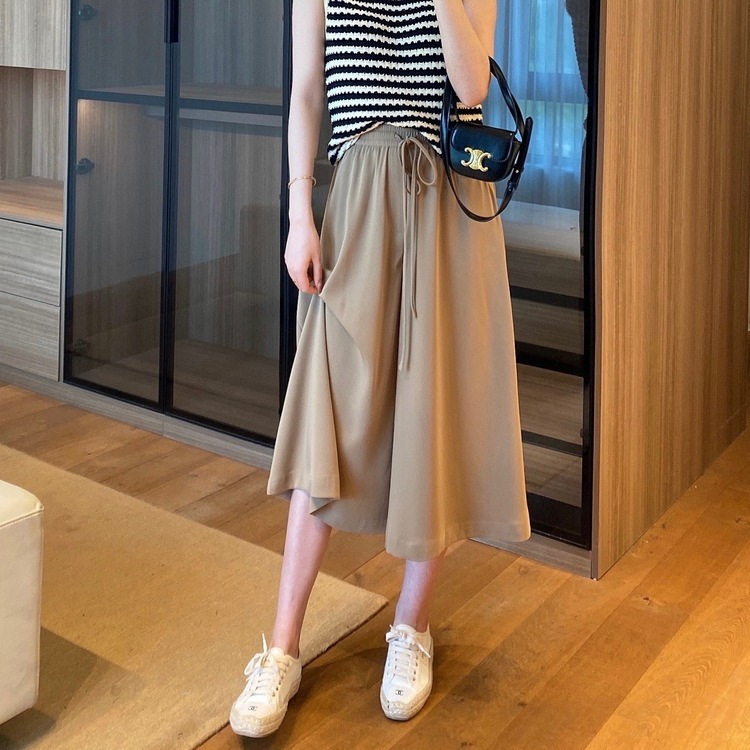 European-style Culottes Wide-leg Pants Women's 2023 New Summer Slimming Loose Flesh Covering High Waist Drawstring Cropped Pants