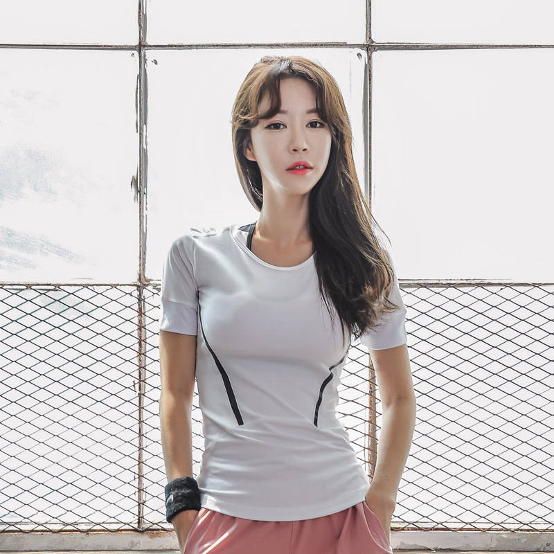 Korean-style New Sports T-shirt Short-sleeved Fitness Stretch Yoga Suit Stitching Mesh Sleeve Slim-fit Round Neck T-shirt for Women